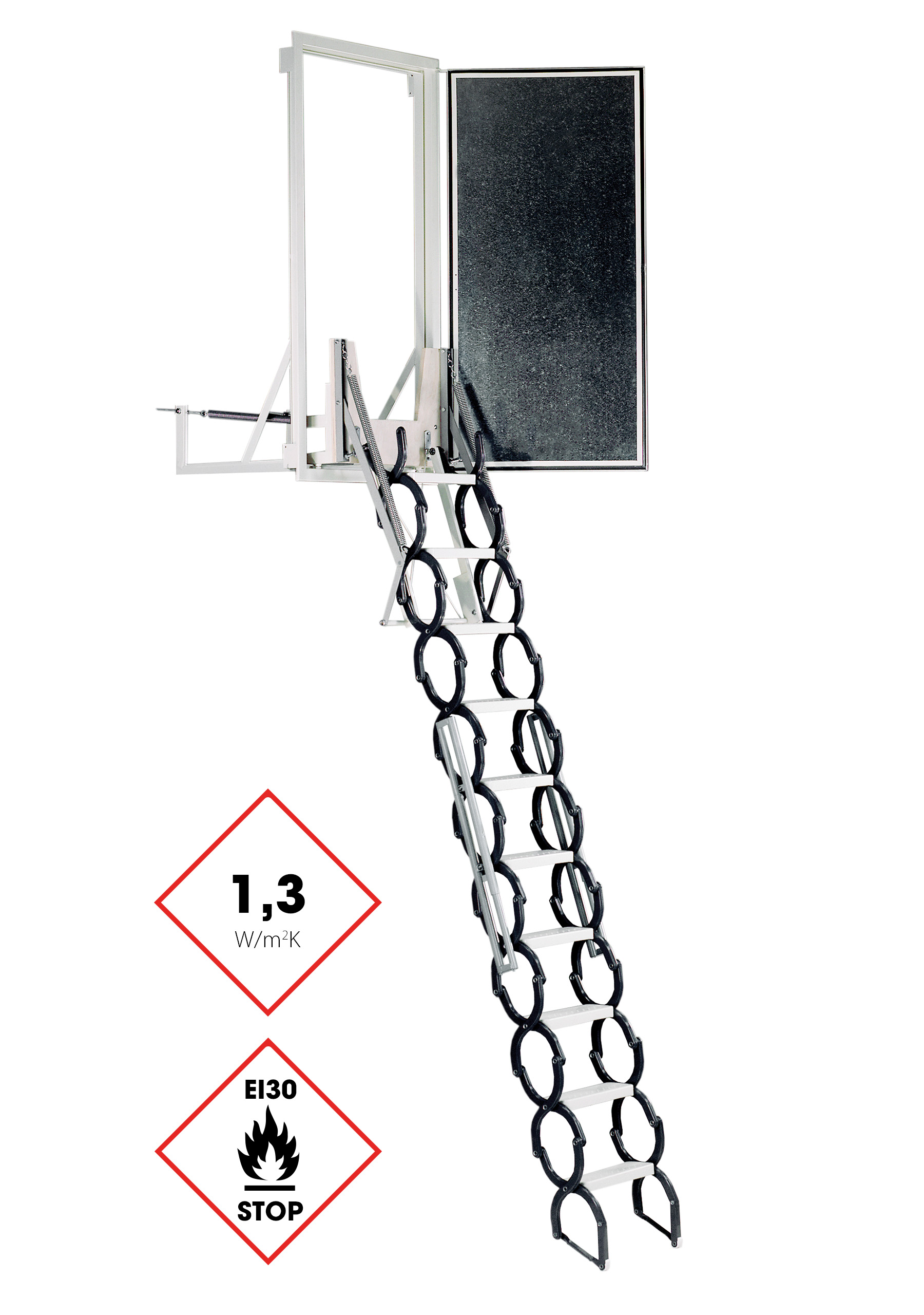 Custom attic ladder Type 102M with black insulated hatch door and metal scissor stair system. The ladder provides thermal insulation of 1.3 W/m²K and features EI30 fire protection certification. The vertical structure is ideal for tight installation spaces.