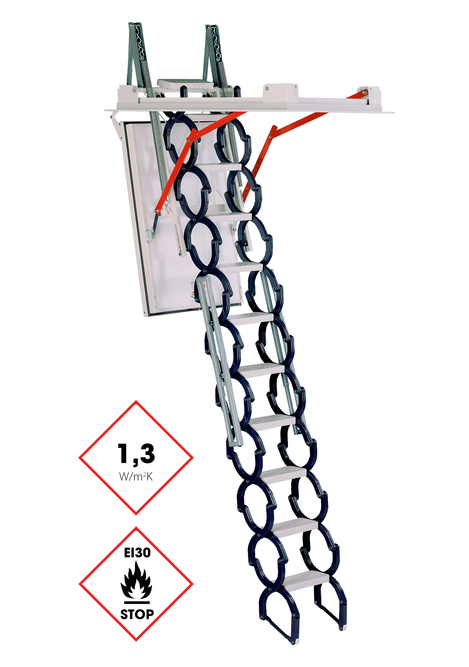 Custom attic ladder 118M with scissor-style metal staircase, white insulated hatch door, and surrounding upper cover. The ladder features a thermal insulation value of 1.3 W/m²K and is EI30 fire-rated. Red lever arms support the opening and closing mechanism.