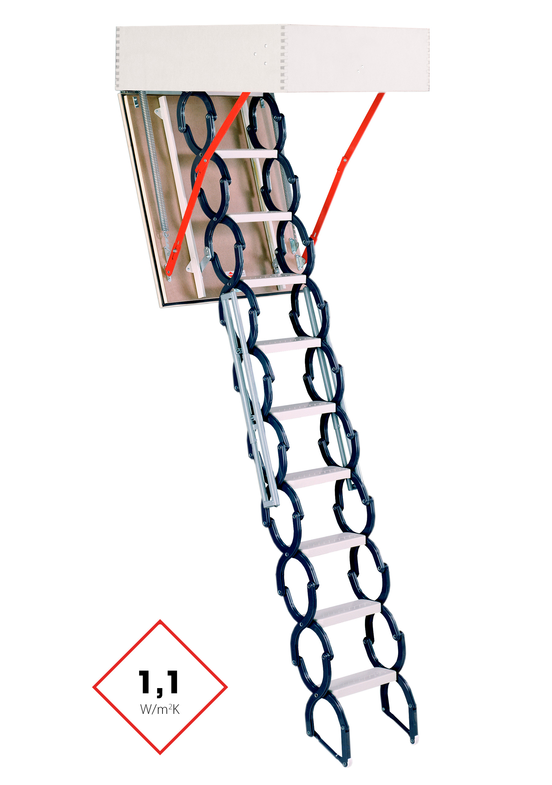 Custom-sized attic staircase Type 4M with a metal scissor ladder system and insulated hatch cover. Equipped with red side support arms and a thermal insulation value of 1.1 W/m²K.