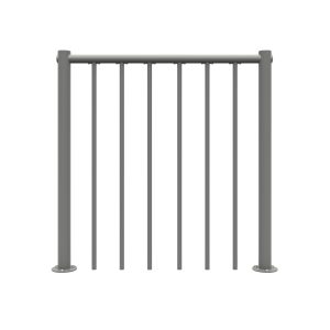 Straight balustrade railing with vertical metal rods in grey and PVC handrail. An overall view of the balustrade is shown from the front.