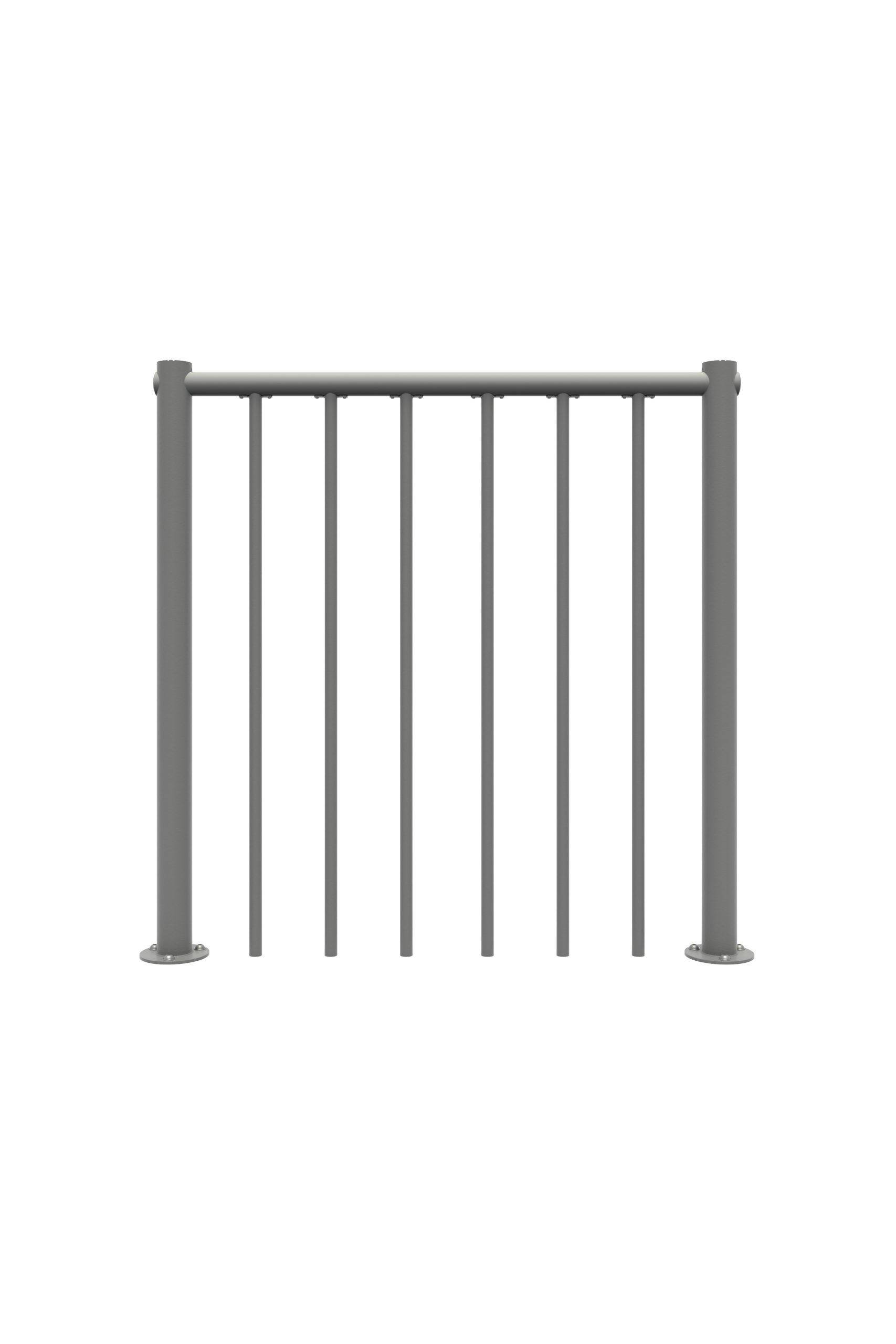 Straight balustrade railing with vertical metal rods in grey and PVC handrail. An overall view of the balustrade is shown from the front.