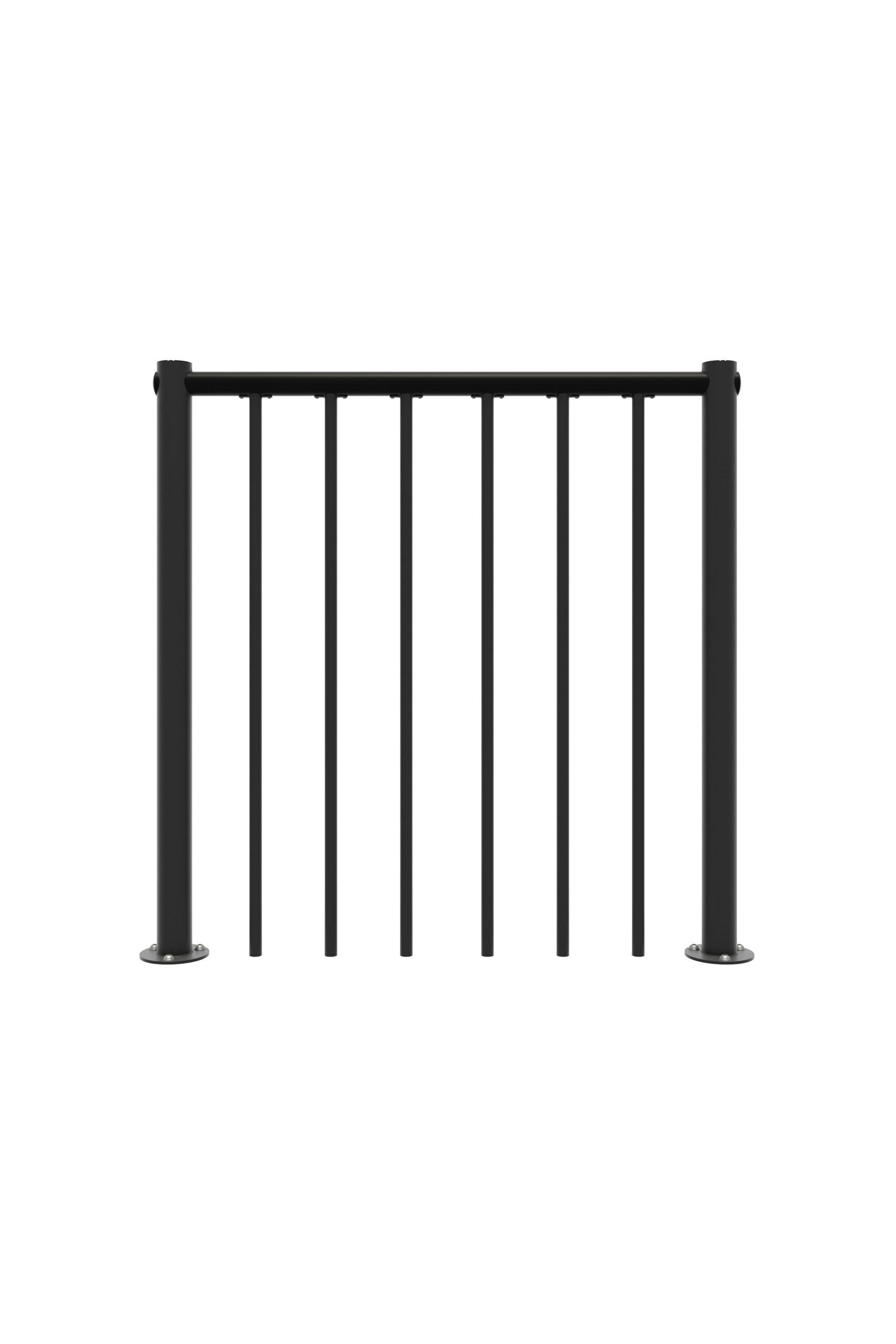 Straight balustrade railing with vertical metal rods in black and PVC handrail. An overall view of the balustrade is shown from the front.