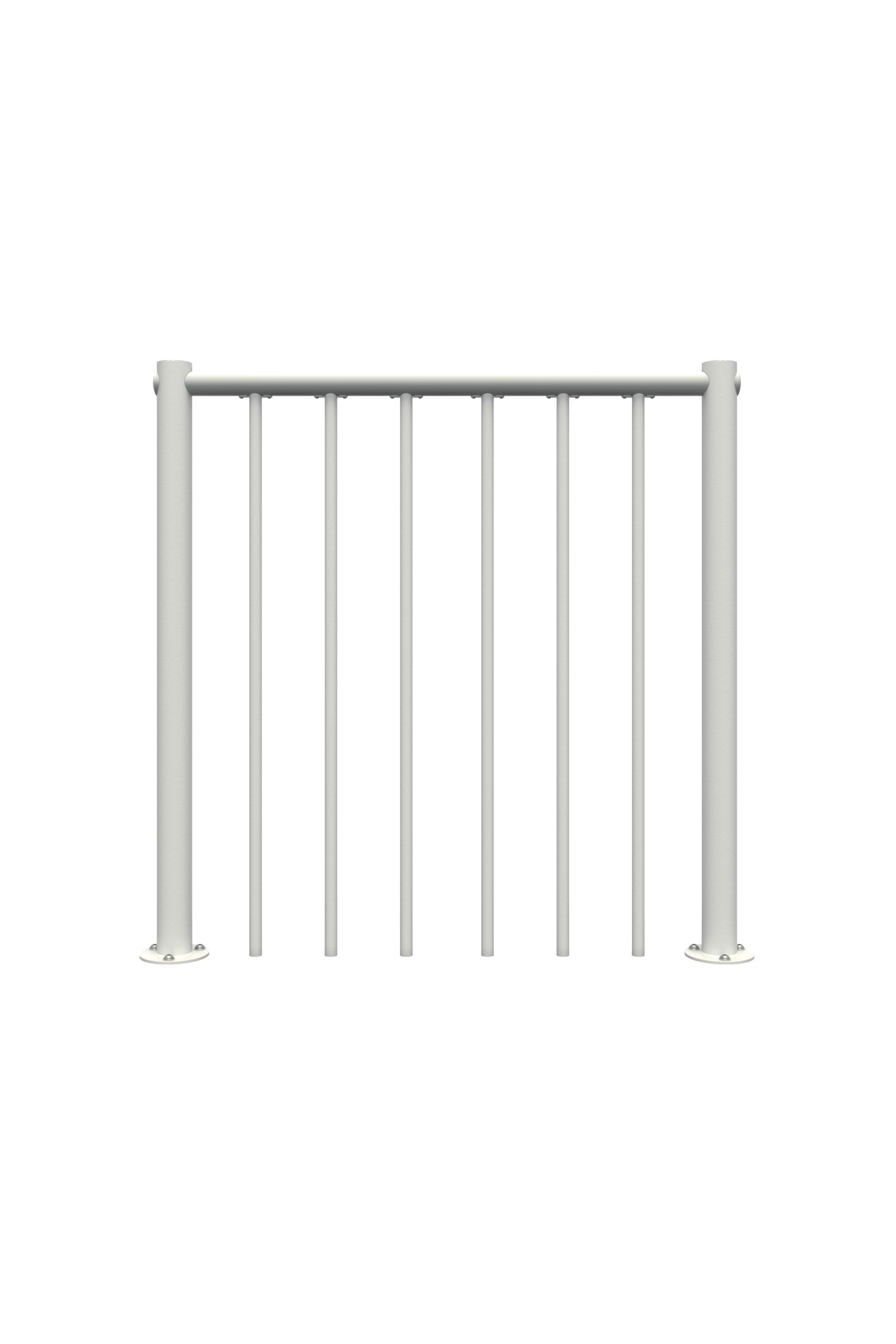 Straight balustrade railing with vertical metal rods in white and PVC handrail. An overall view of the balustrade is shown from the front.