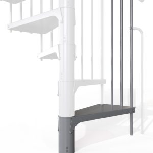 Height extension for the Rondo Smart staircase made of steel in grey. A detail of the additional step and the balusters is shown.
