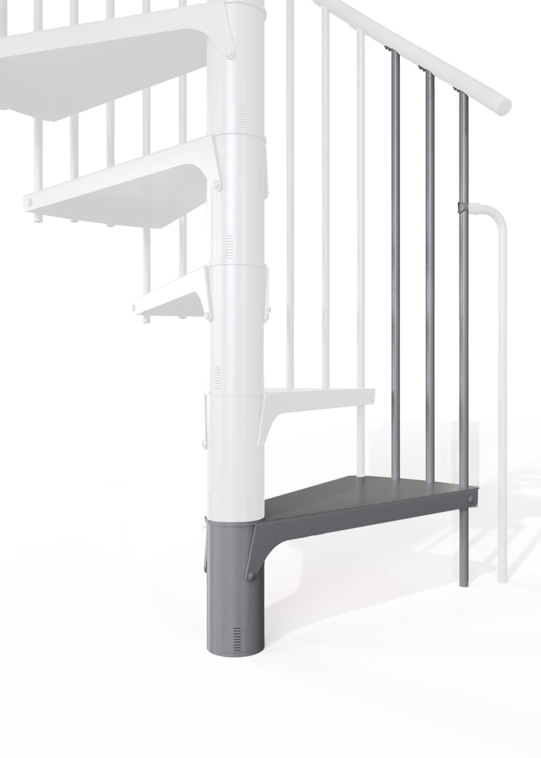 Height extension for the Rondo Smart staircase made of steel in grey. A detail of the additional step and the balusters is shown.