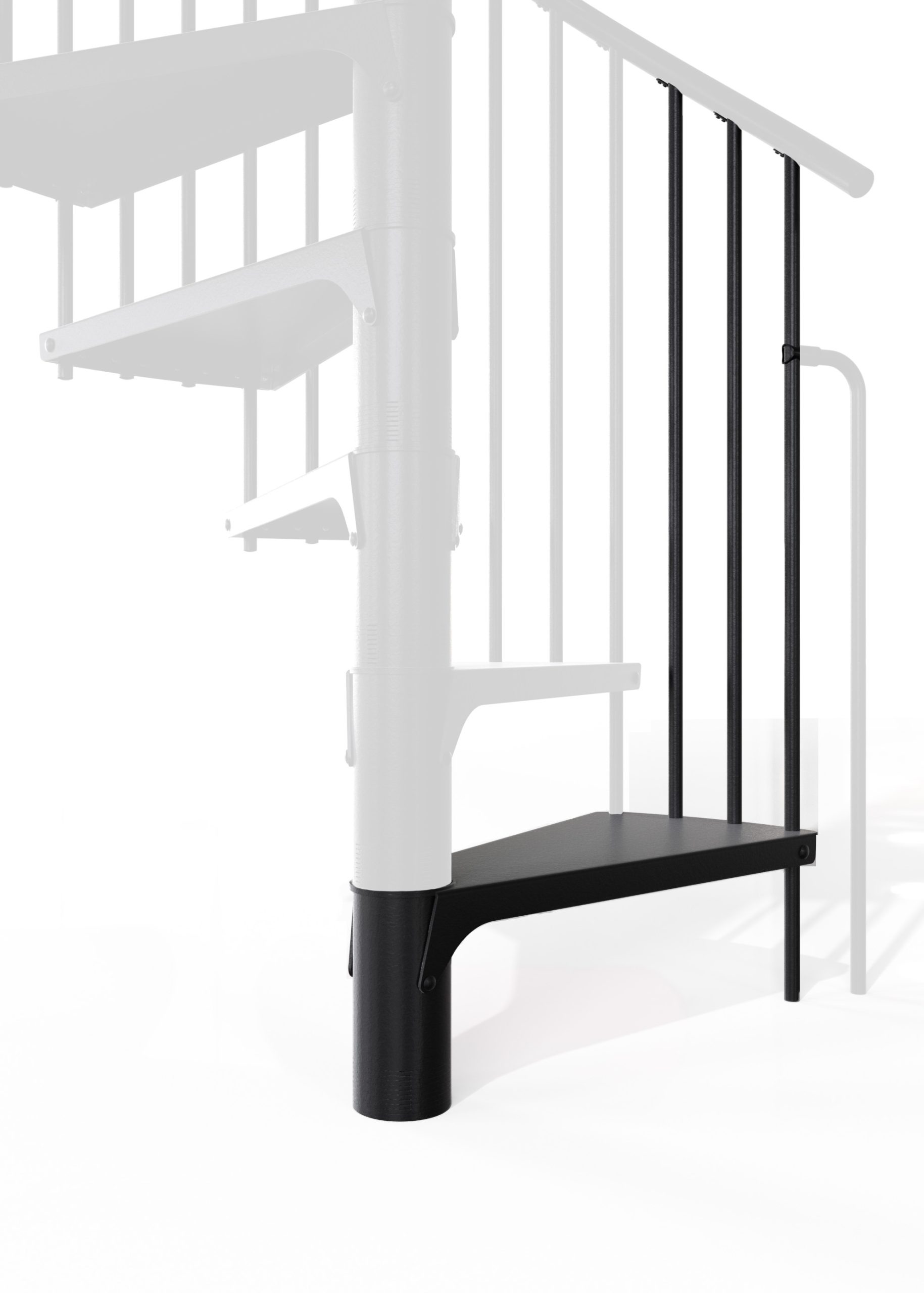 Height extension for the Rondo Smart staircase made of steel in black. A detail of the additional step and the balusters is shown.