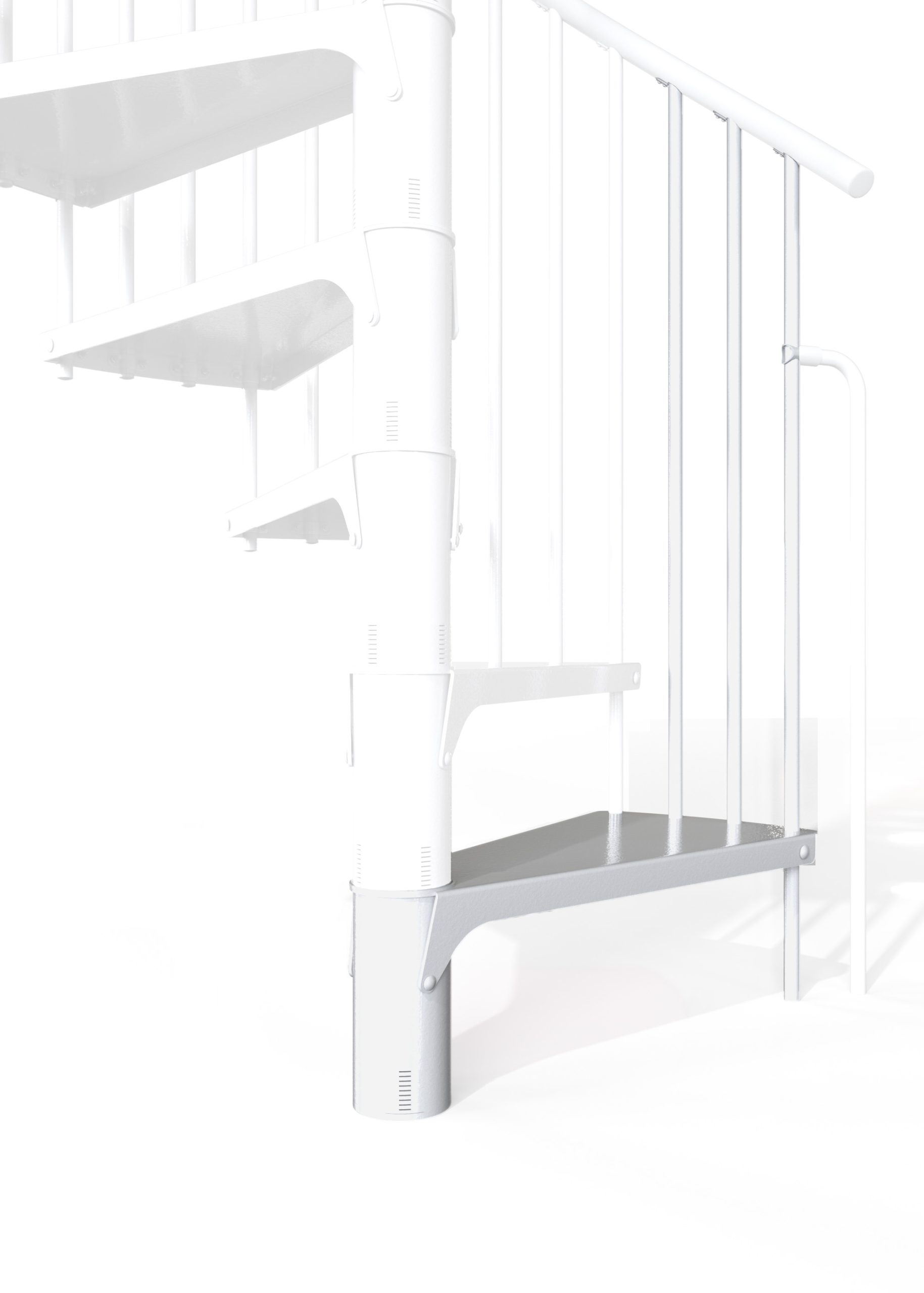 Height extension for the Rondo Smart staircase made of steel in white. A detail of the additional step and the balusters is shown.