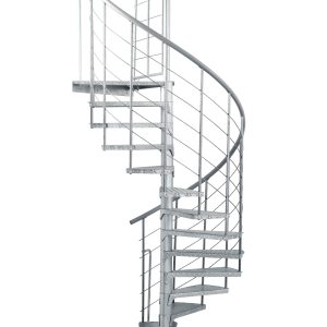 Spino Zink Smart spiral staircase made of galvanized metal with anti-slip checker plate steps and railing featuring vertical bars, horizontal cables, and a PVC handrail.