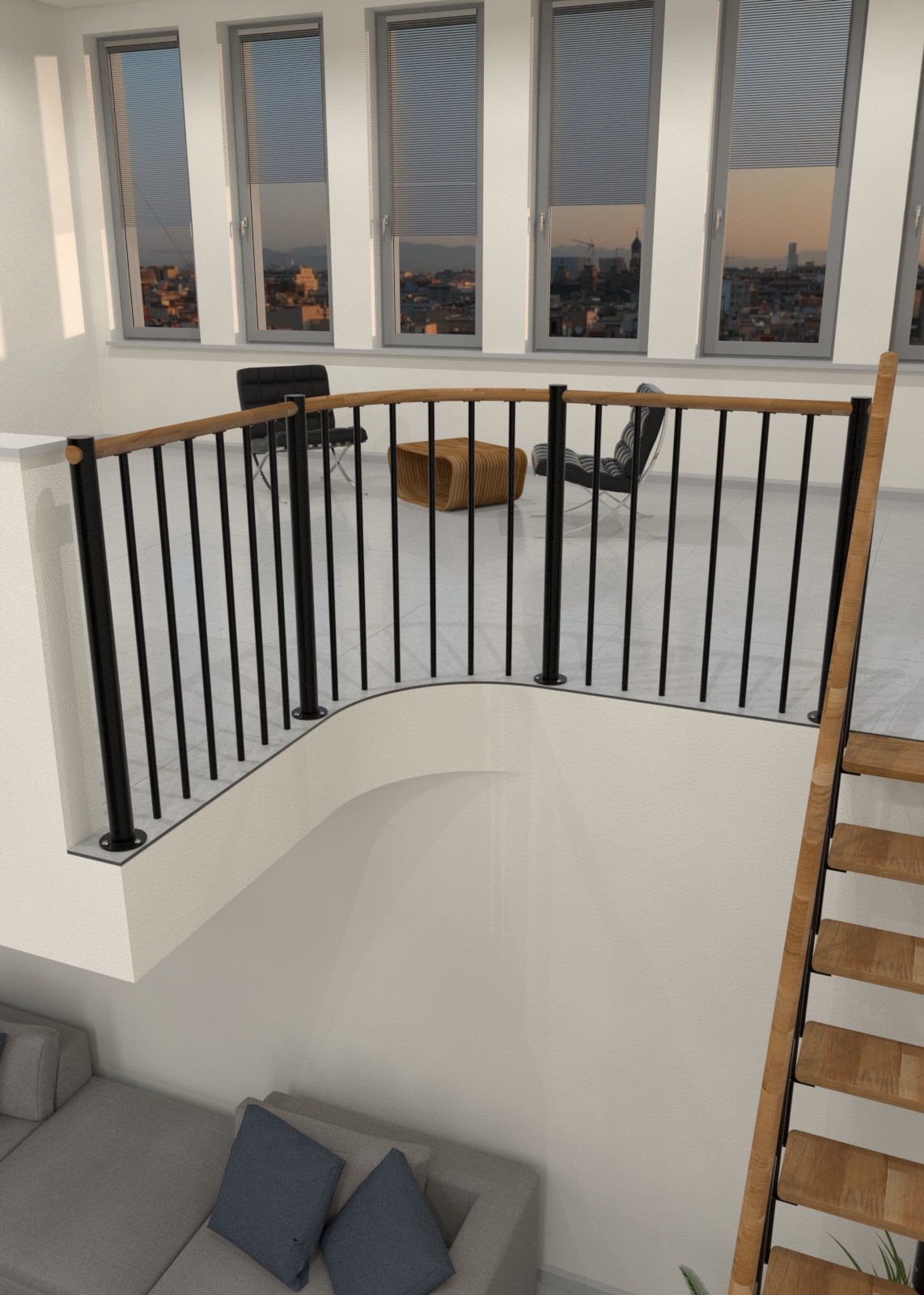 Balustrade railing with vertical bars made of black steel and a handrail made of oak. The balustrade secures the gallery in a modern house.