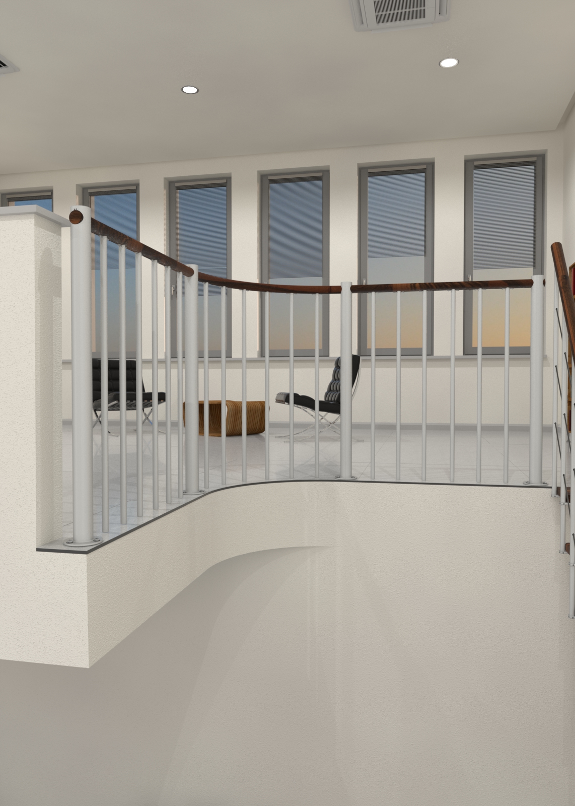 Balustrade railing with vertical bars made of white steel and a handrail made of beech, stained to walnut. The balustrade secures the gallery in a modern house.