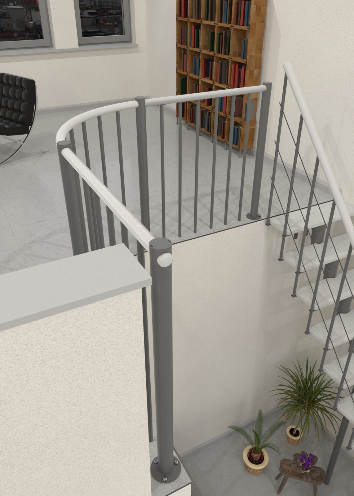 Balustrade railing with vertical bars made of grey steel and a handrail made of beech, stained white. The balustrade secures the gallery in a modern house.