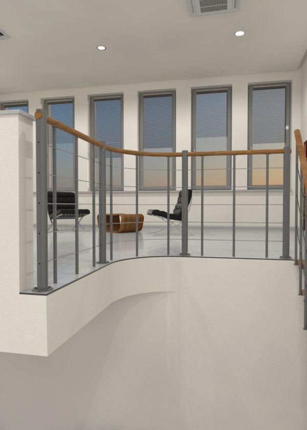Balustrade with horizontal chords and wooden handrail