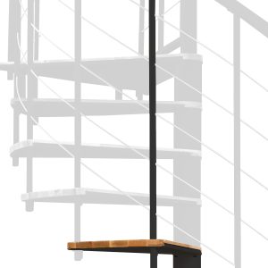 Height extension for the spiral staircase Fusion with steps in beech and black metal. A detail of the additional step and the balusters is shown.