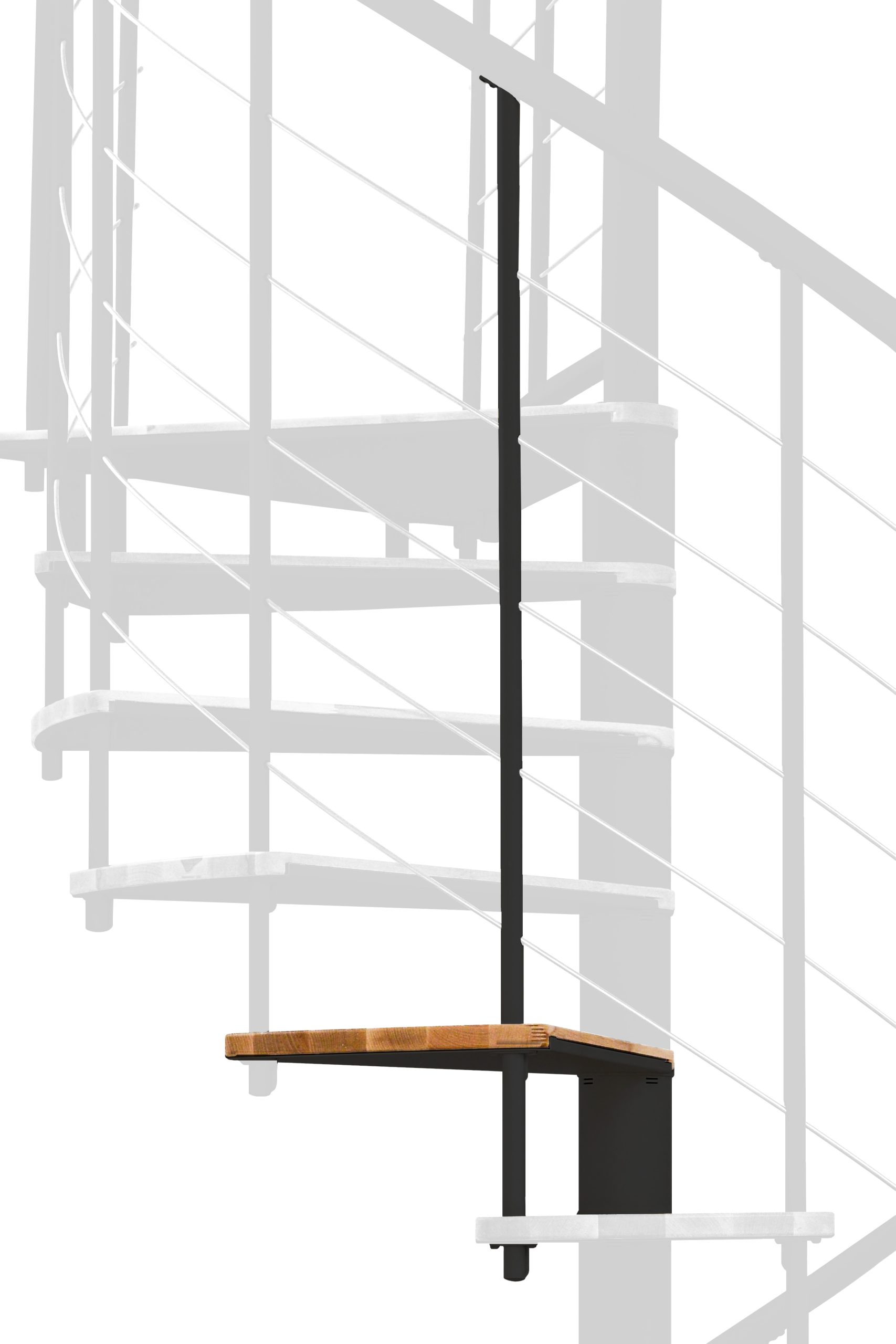 Height extension for the spiral staircase Fusion with steps in beech and black metal. A detail of the additional step and the balusters is shown.