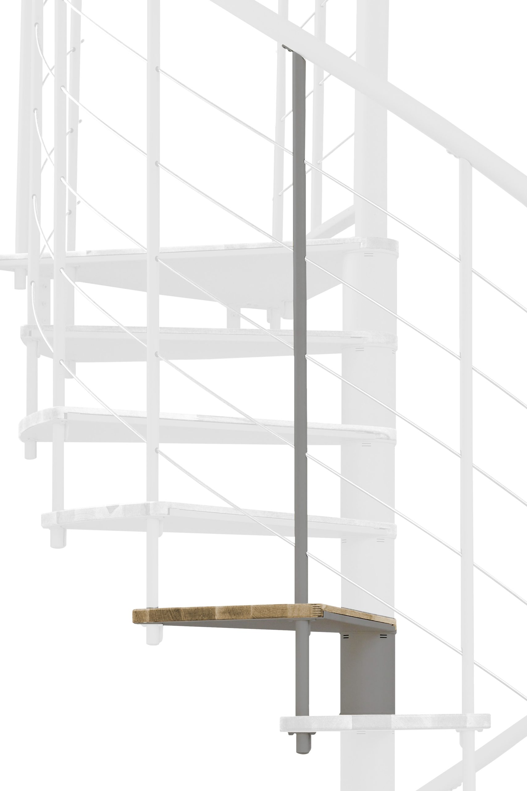 Height extension for the spiral staircase Fusion with steps in oak and grey metal. A detail of the additional step and the balusters is shown.