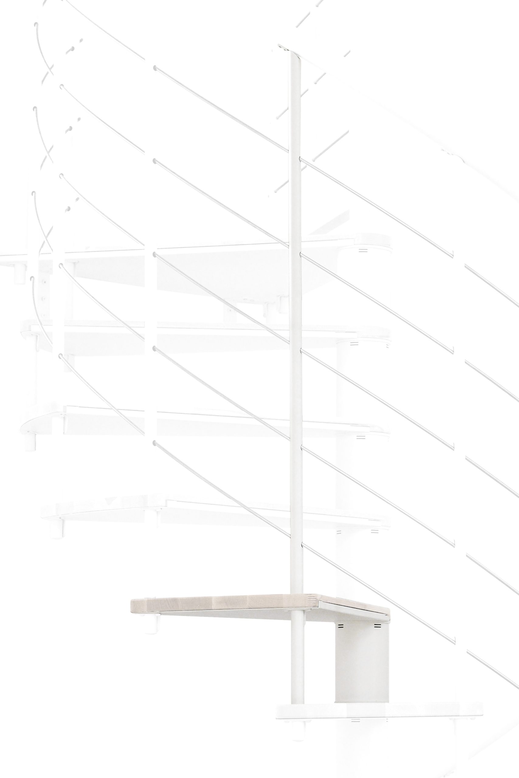 Height extension for the spiral staircase Fusion with steps in beech stained white and white metal. A detail of the additional step and the balusters is shown.