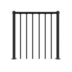 Front view of the balcony railing for Rondo Zink Color in black. The railing consists of vertical bars made of galvanized steel and a horizontal handrail made of PVC. Round base plates for floor mounting are also visible.