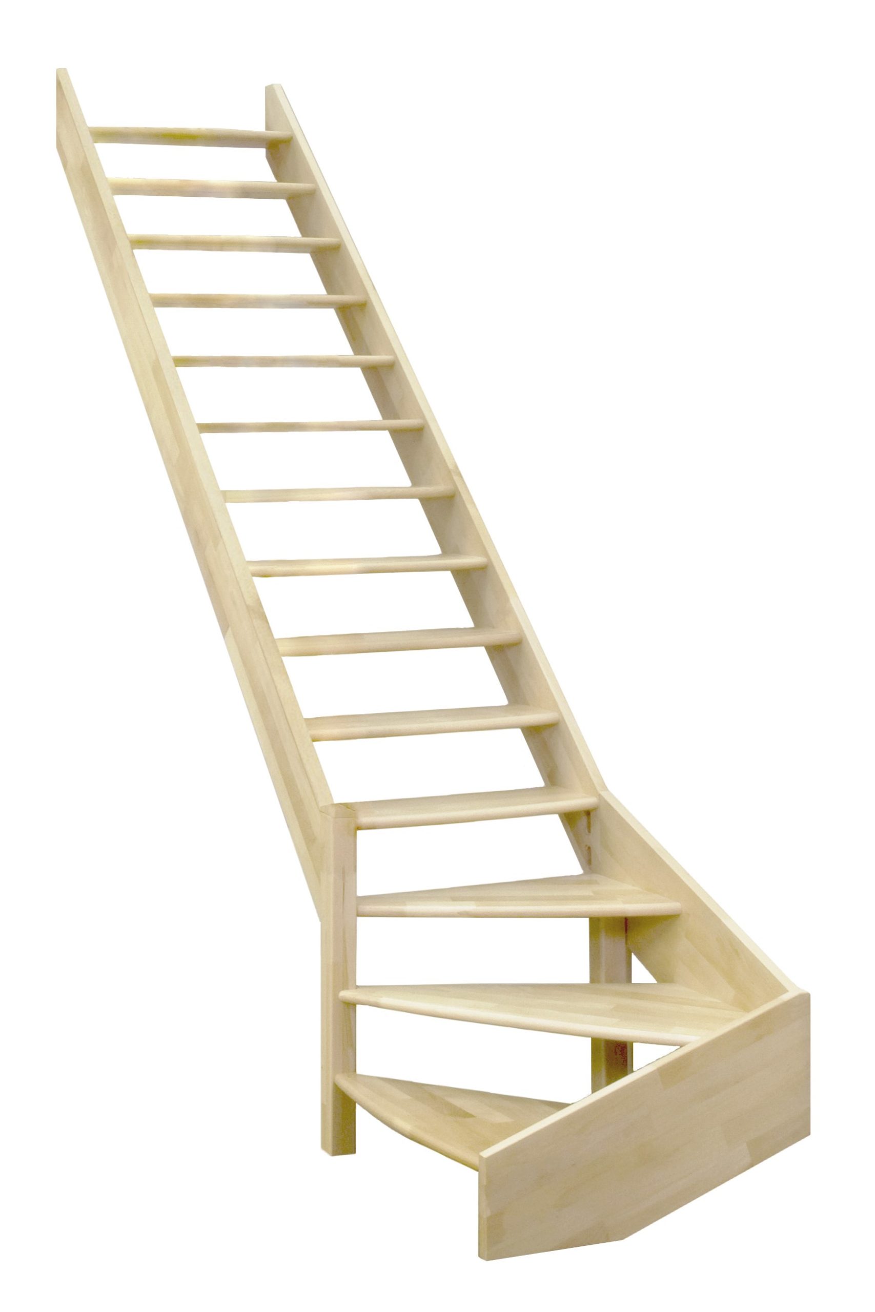 A classic stringer staircase without railing, made of spruce wood with open steps. The lower part of the staircase has a quarter-turn to the left.