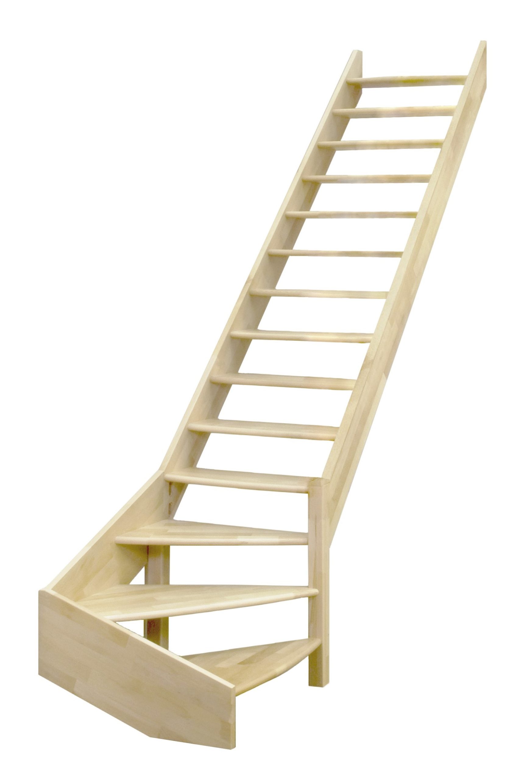 A classic stringer staircase made of spruce wood with open steps. The lower part of the staircase has a quarter-turn to the right.