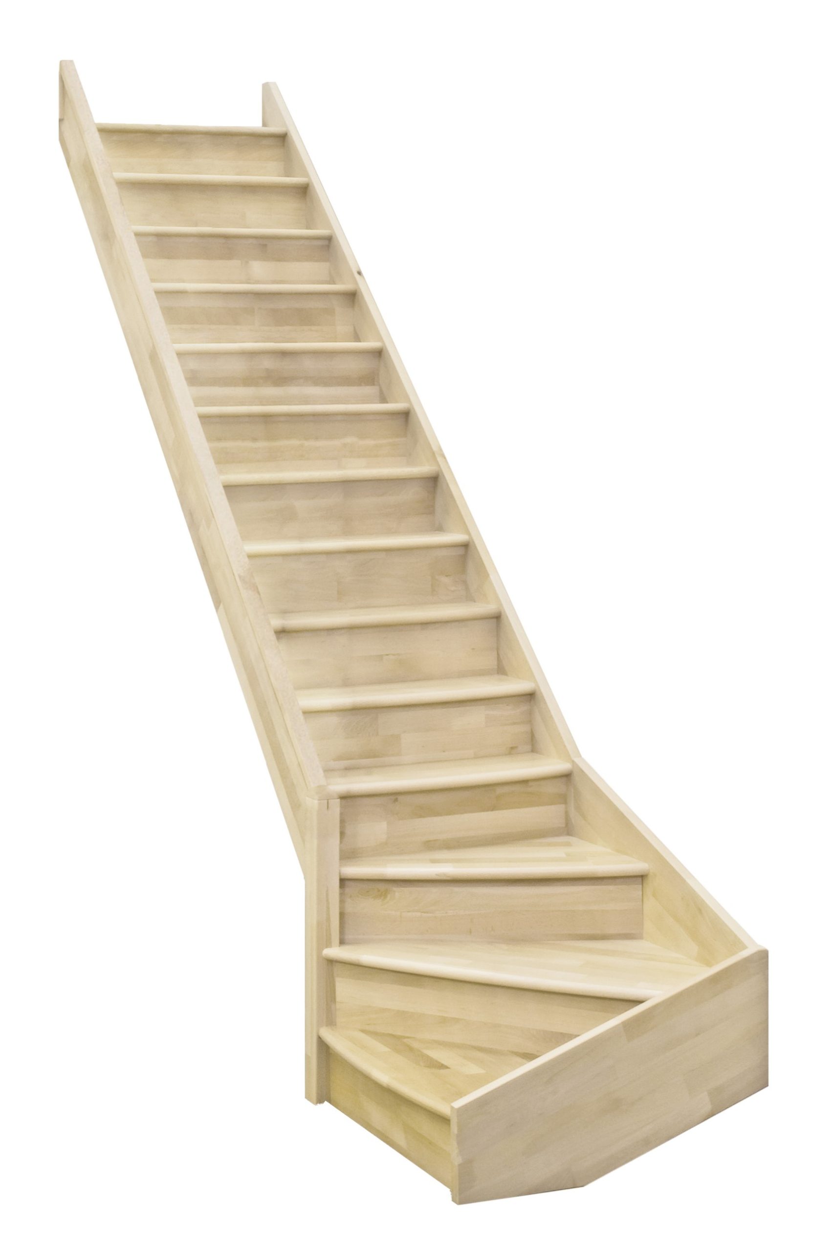 A stringer staircase with risers made of spruce without a railing. The lower part of the staircase has a quarter-turn to the left.