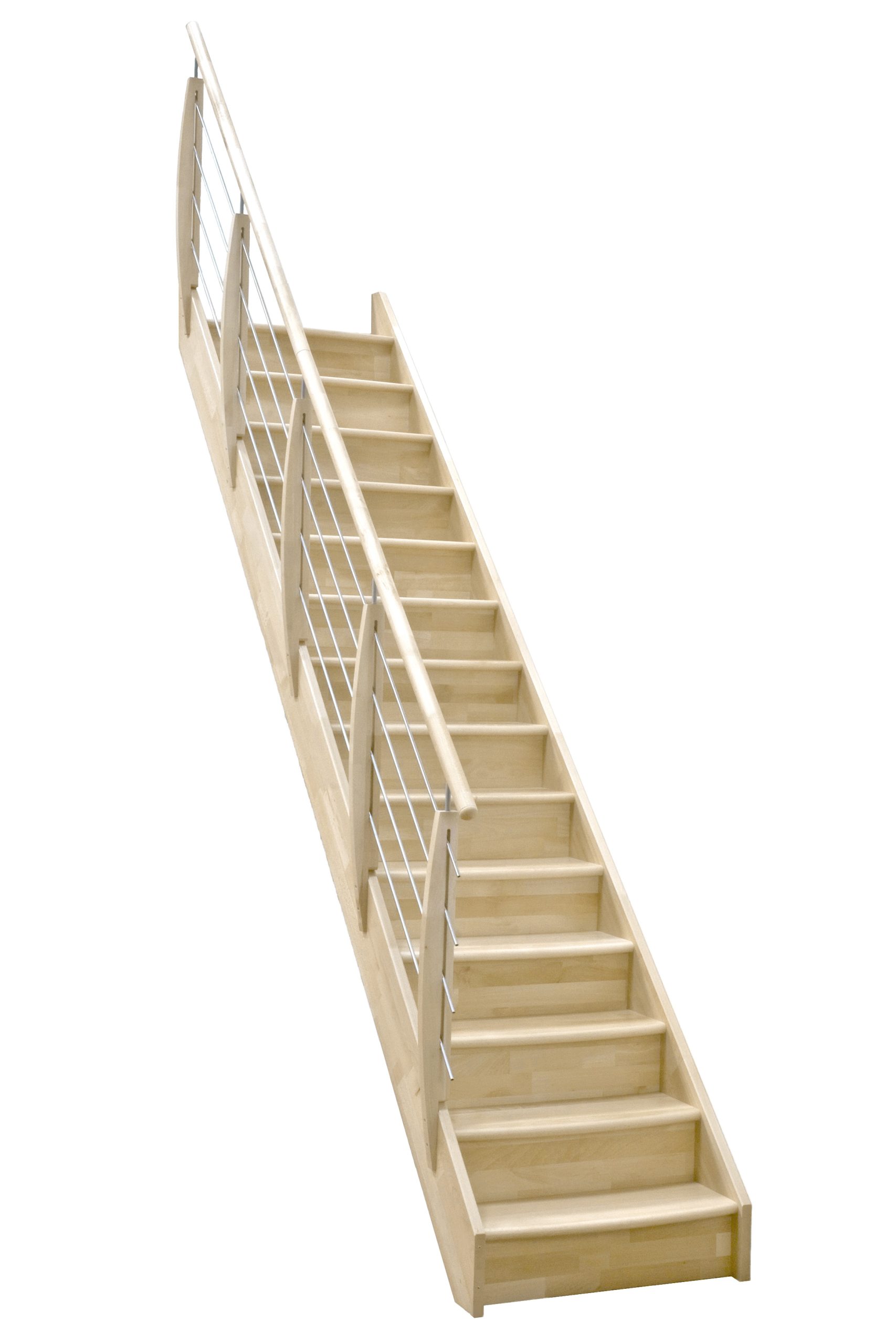 A stringer staircase with risers made of spruce, featuring a modern stainless steel railing and a wooden handrail.