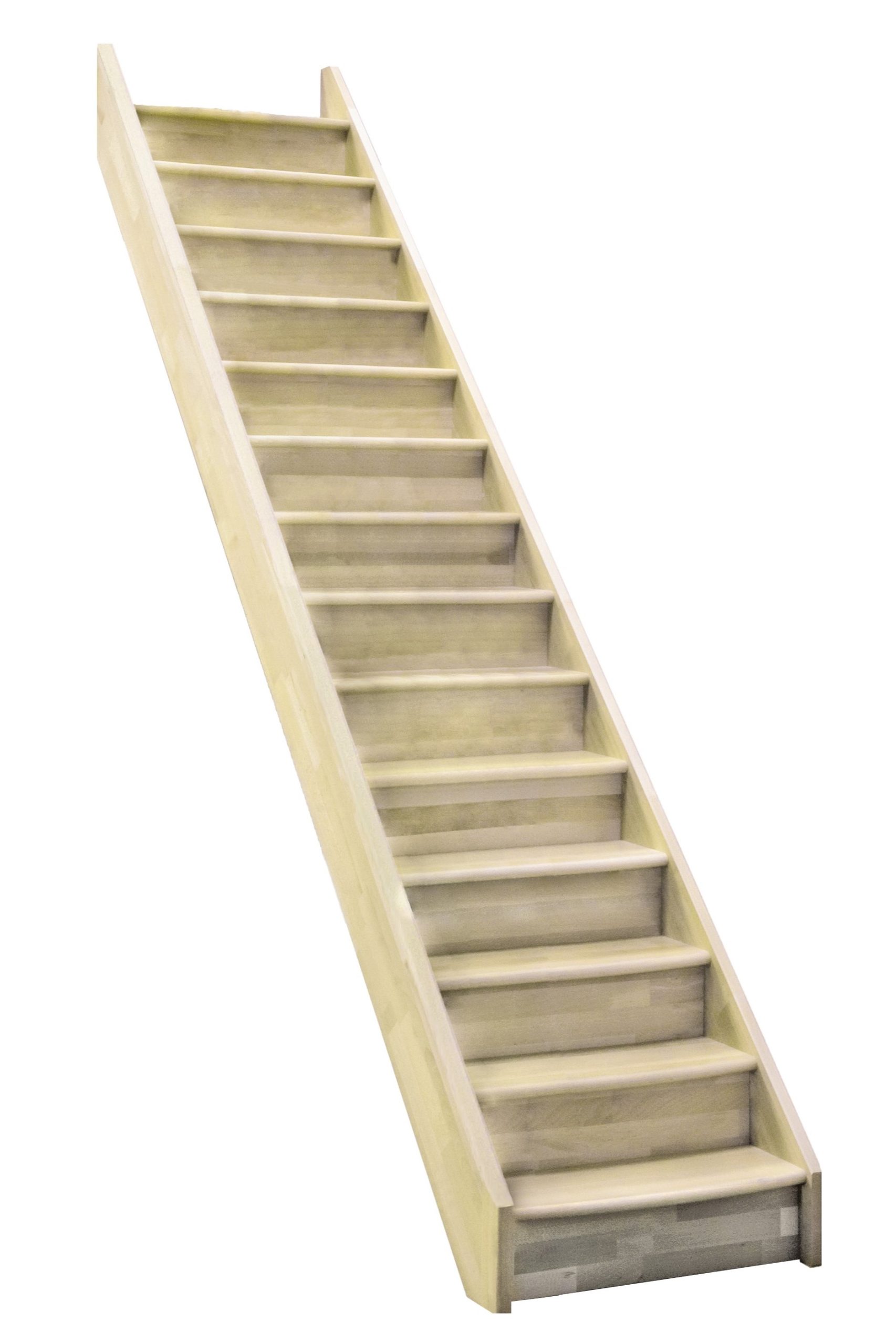 A stringer staircase with risers made of spruce without a railing.