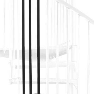 Height extension for the Rondo Zink Color staircase with steel treads and steel railings, powder-coated in black. A detail of the additional step and the balusters is shown.