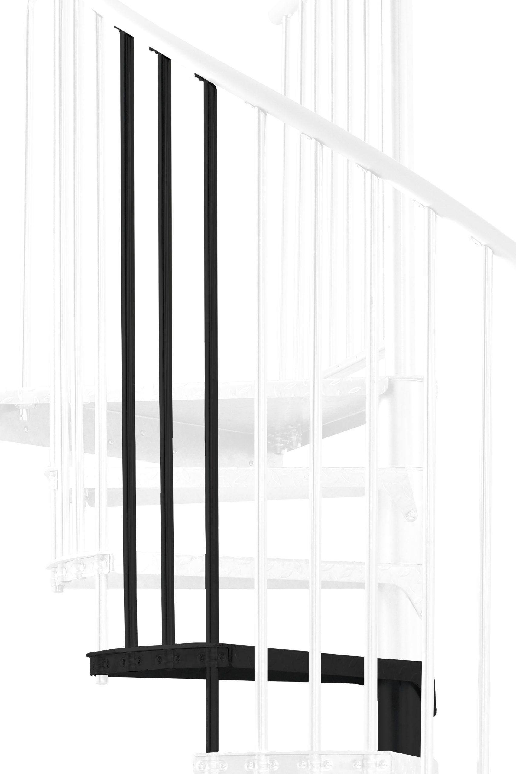 Height extension for the Rondo Zink Color staircase with steel treads and steel railings, powder-coated in black. A detail of the additional step and the balusters is shown.