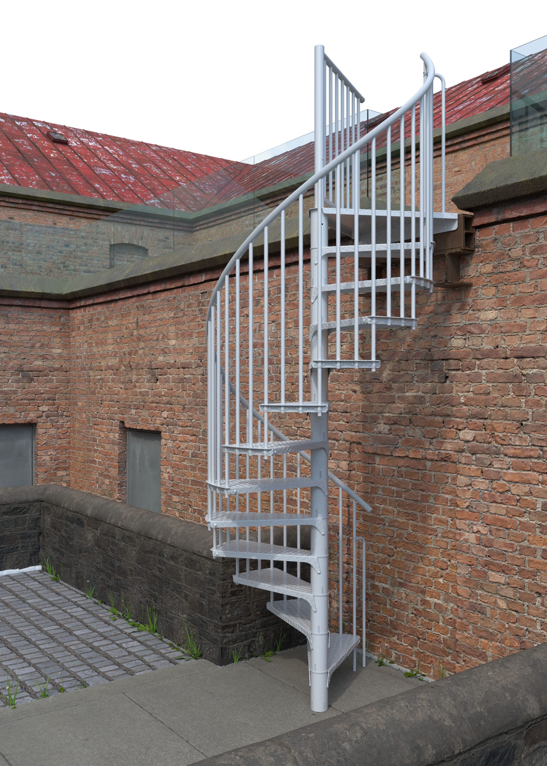 Outdoor spiral staircase Rondo Zink Color in white in front of a brick wall. The galvanized steel staircase with white powder coating features vertical balusters and anti-slip tear plate steps for safe use in outdoor areas.