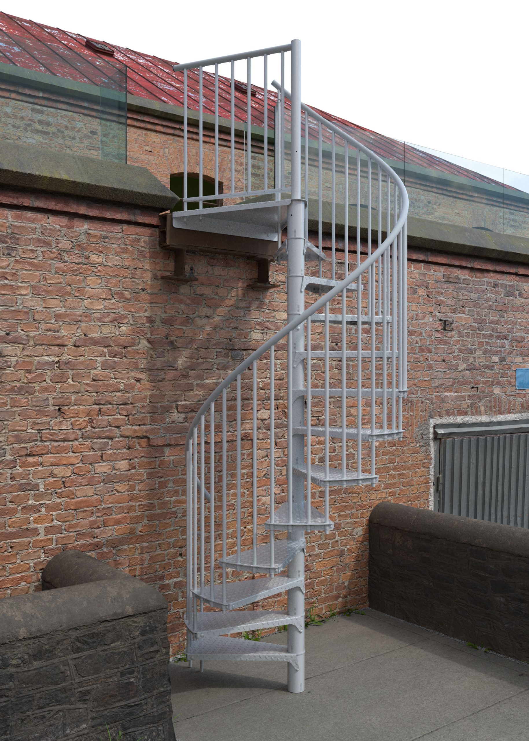 Outdoor spiral staircase Rondo Zink Color in white in front of a brick wall. The galvanized steel staircase with white powder coating features vertical balusters and anti-slip tear plate steps for safe use in outdoor areas.