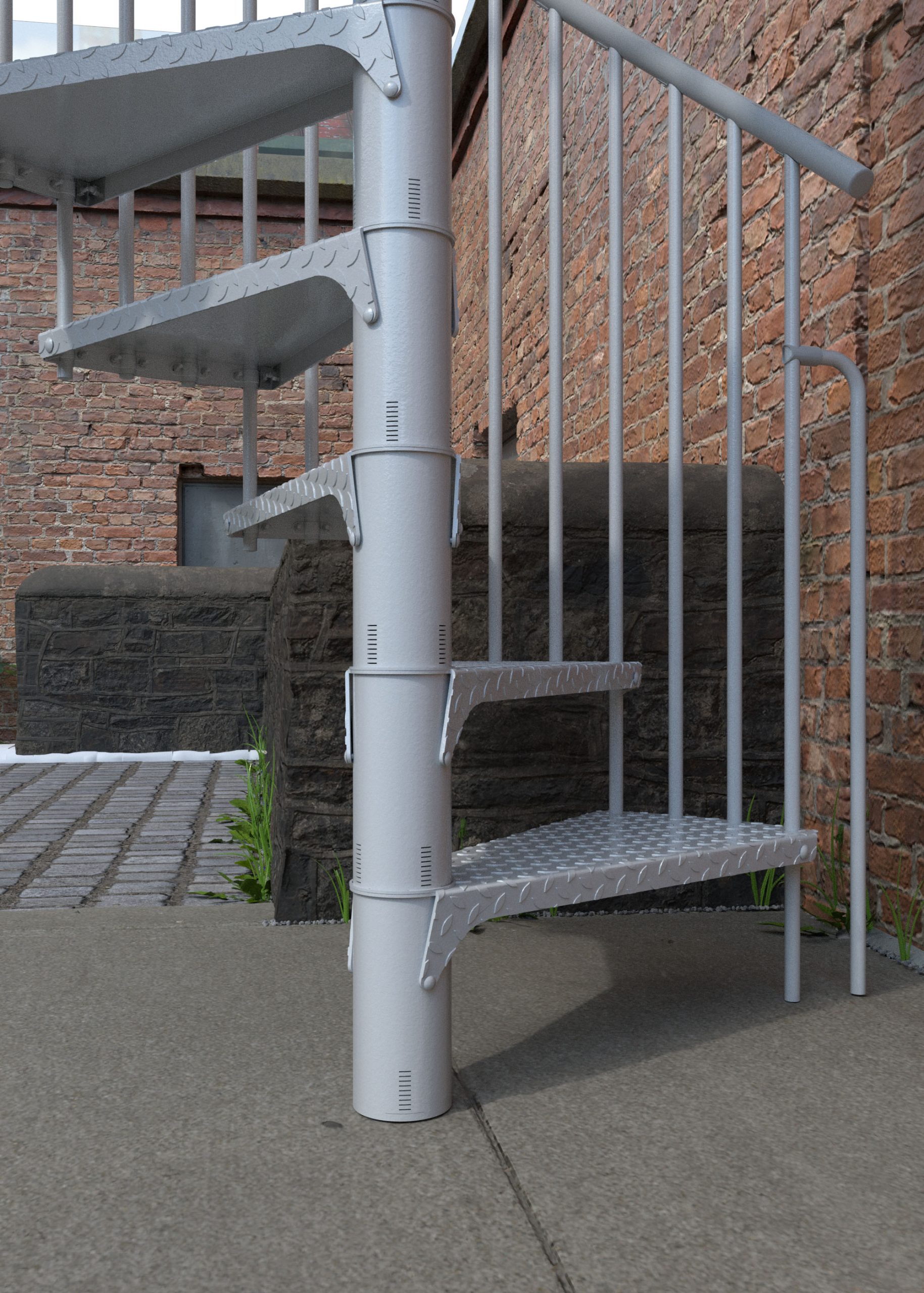 Detail view of the outdoor spiral staircase Rondo Zink Color in white. The image shows the lower galvanized tear plate steps, vertical steel balusters, and round handrail, installed in an outdoor area in front of a brick wall.