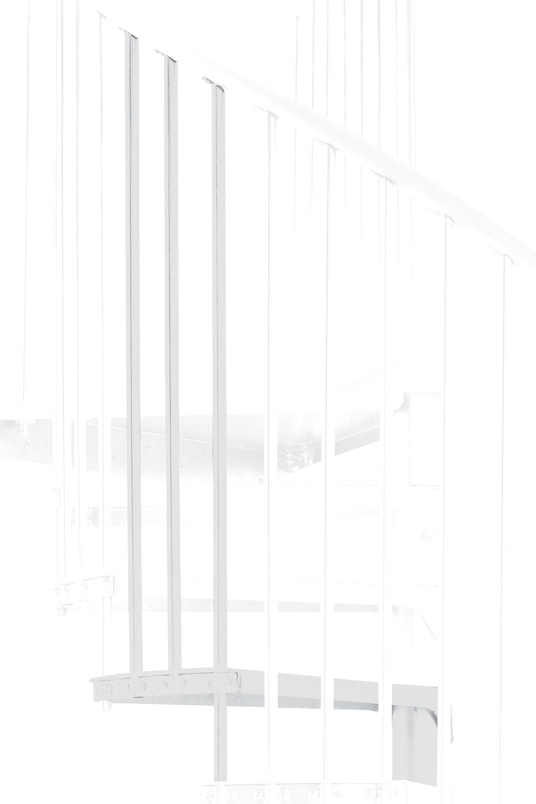 Height extension for the Rondo Zink Color staircase with steel treads and steel railings, powder-coated in white. A detail of the additional step and the balusters is shown.