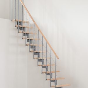 Central stringer staircase Style with beech steps and a gray metal railing with understraps and a PVC handrail.