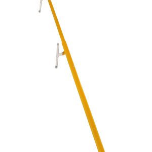 Yellow telescopic handrail with two white wall brackets, diagonally positioned on a white background.