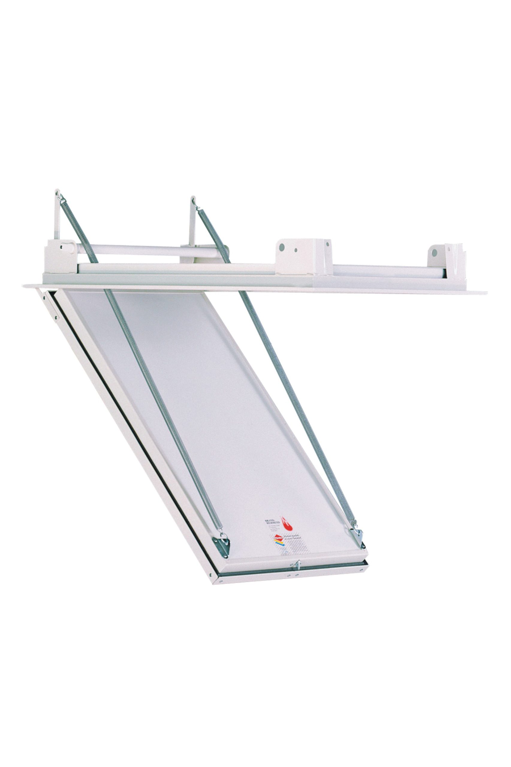 Casing frame with lid for ceiling mounting, shown in an open position. The white cover is angled downward and securely held by two metal support arms.