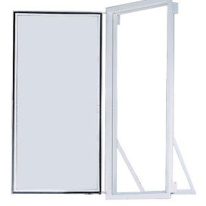 Casing frame with open lid for wall mounting. The white metal frame features a side-hinged cover flap with an integrated support arm.