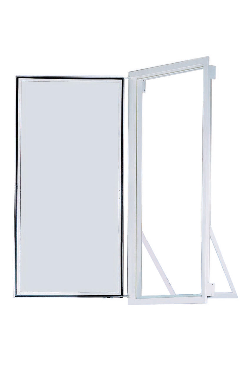 Casing frame with open lid for wall mounting. The white metal frame features a side-hinged cover flap with an integrated support arm.