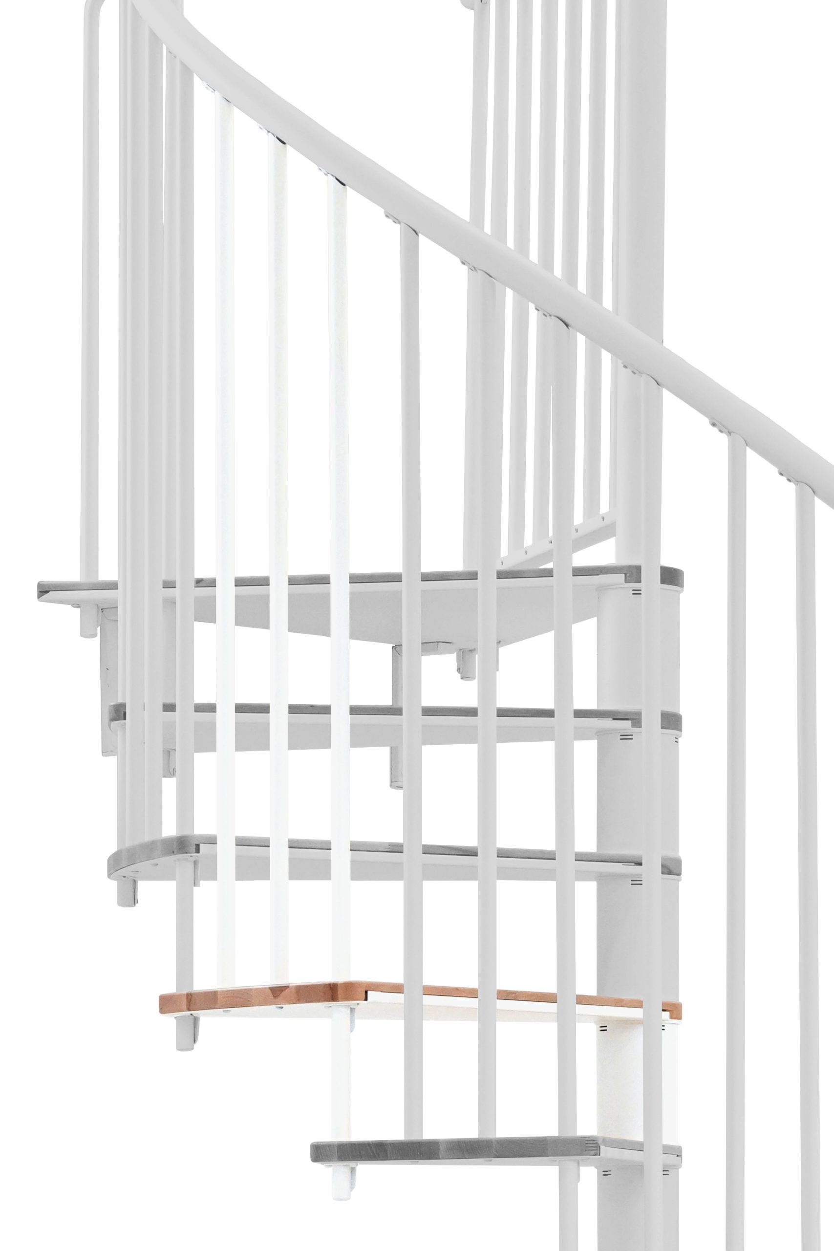 Height extension for the spiral staircase Switch with steps in beech and white metal. A detail of the additional step and the vertical balusters is shown.