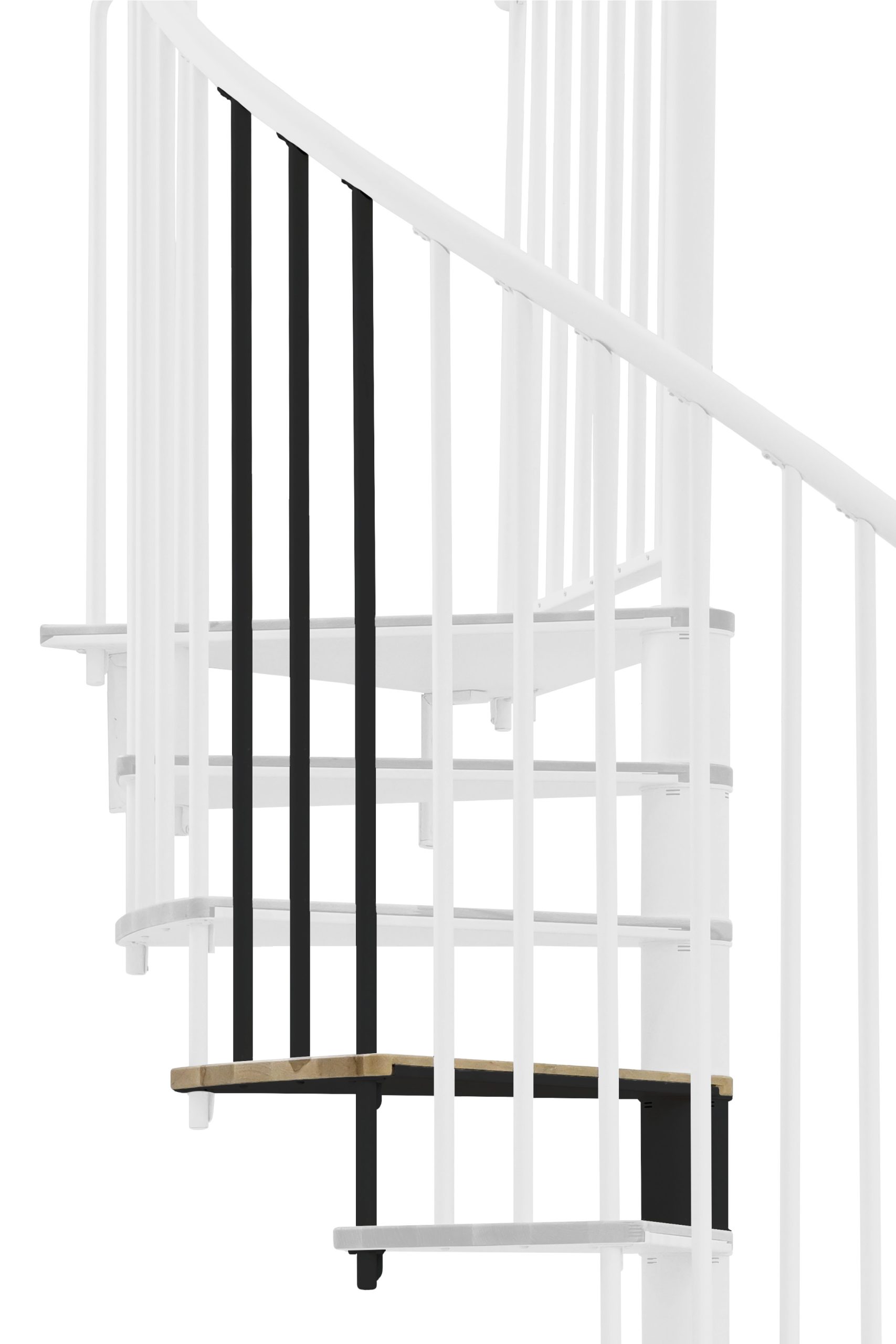 Height extension for the spiral staircase Switch with steps in oak and black metal. A detail of the additional step and the vertical balusters is shown.