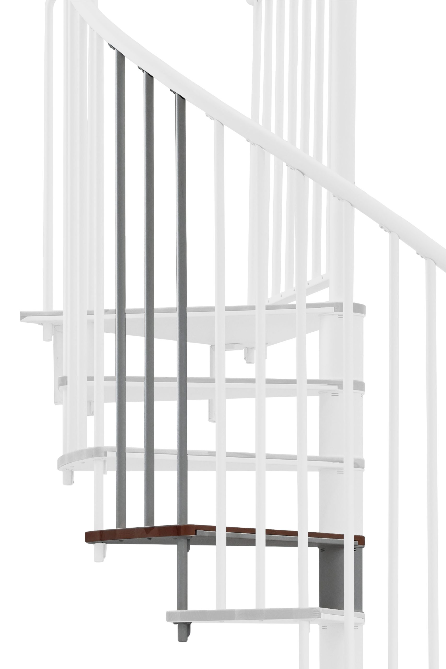 Height extension for the spiral staircase Switch with steps in beech stained in walnut and grey metal. A detail of the additional step and the vertical balusters is shown.