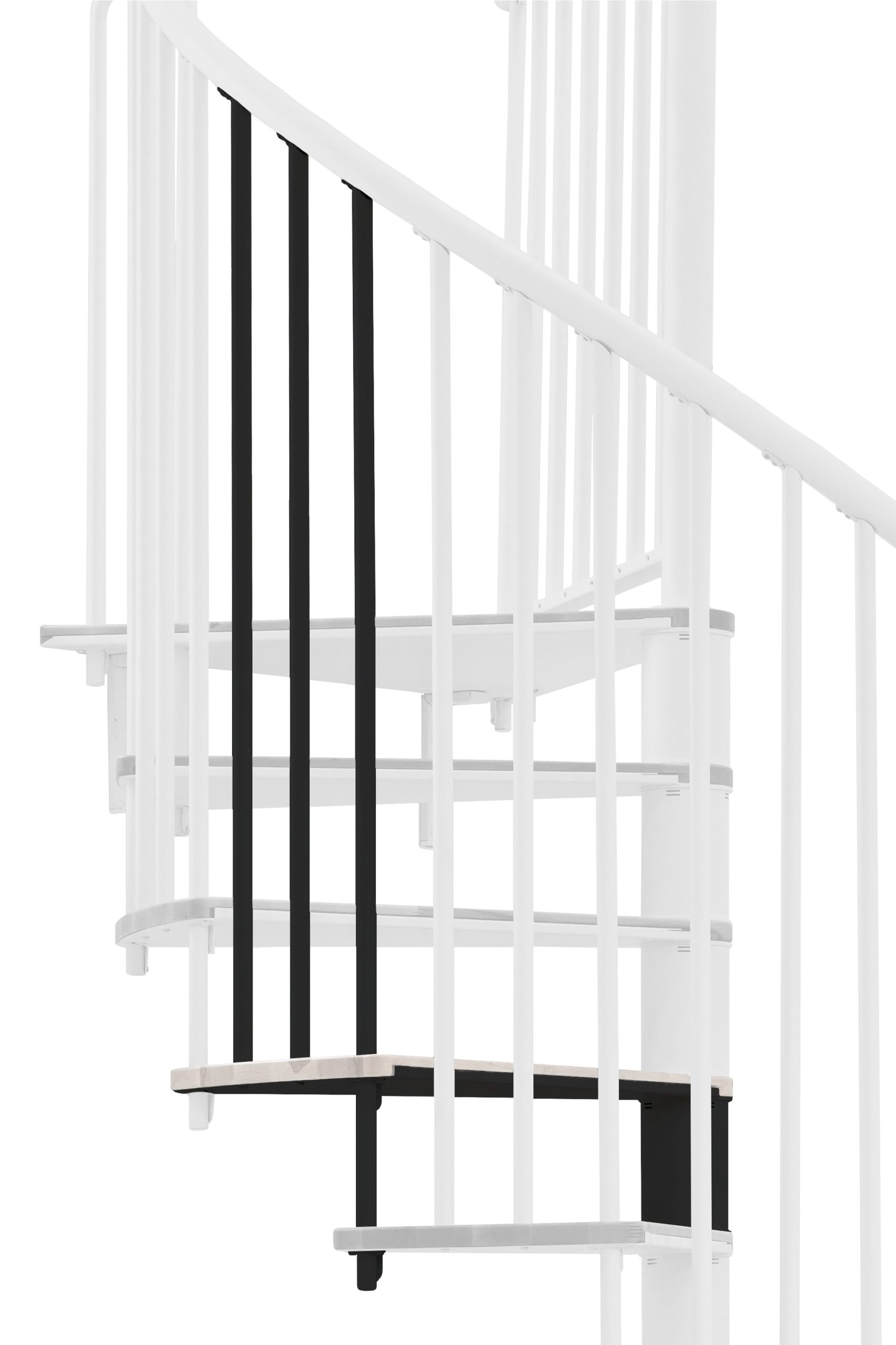 Height extension for the spiral staircase Switch with steps in beech stained white and black metal. A detail of the additional step and the vertical balusters is shown.