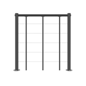 Balustrade railing for the Spino Zink Color outdoor staircase in anthracite metal. The straight balustrade consists of two round outer posts, three vertical filler bars, five horizontal stainless steel belts and a PVC handrail.