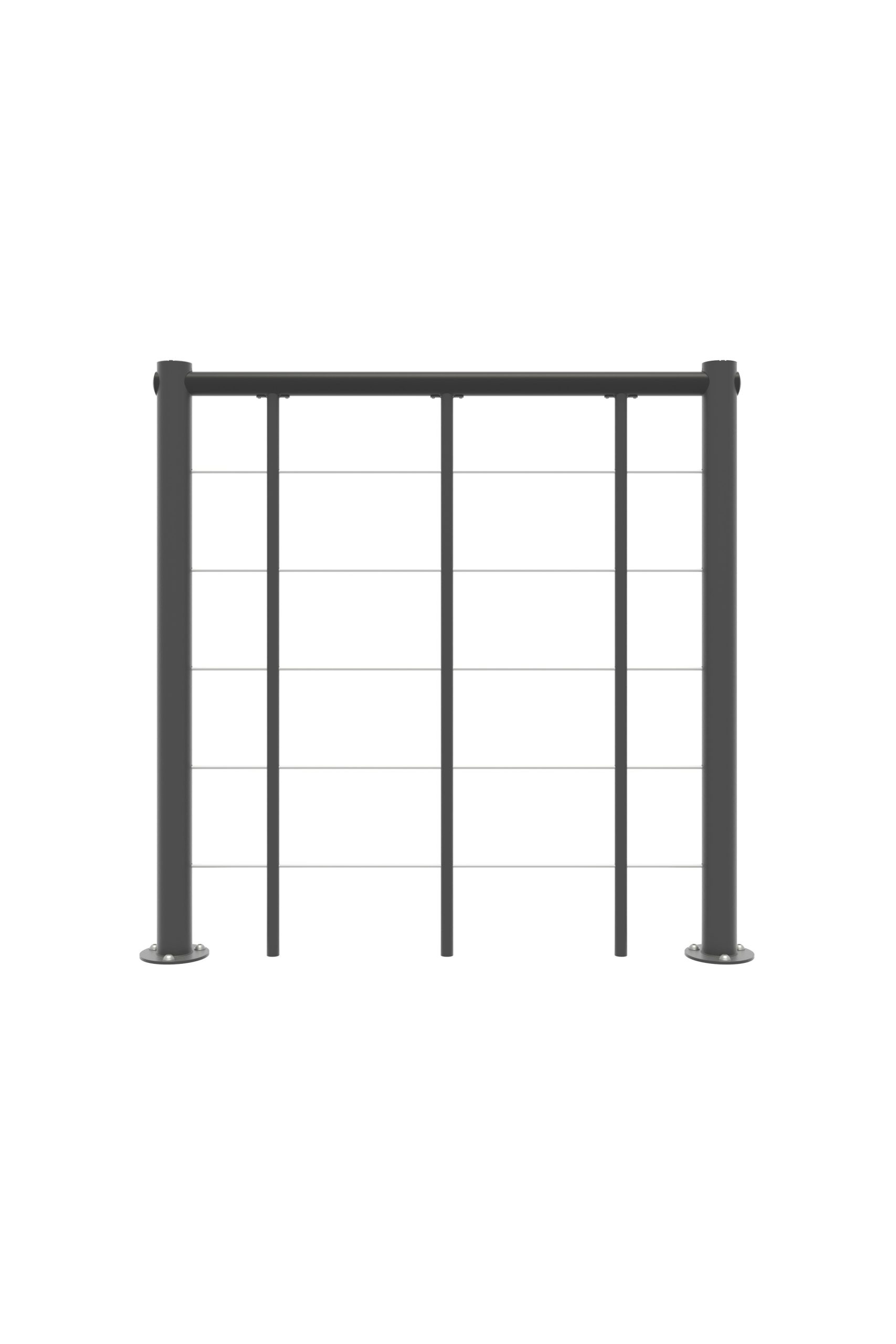 Balustrade railing for the Spino Zink Color outdoor staircase in anthracite metal. The straight balustrade consists of two round outer posts, three vertical filler bars, five horizontal stainless steel belts and a PVC handrail.