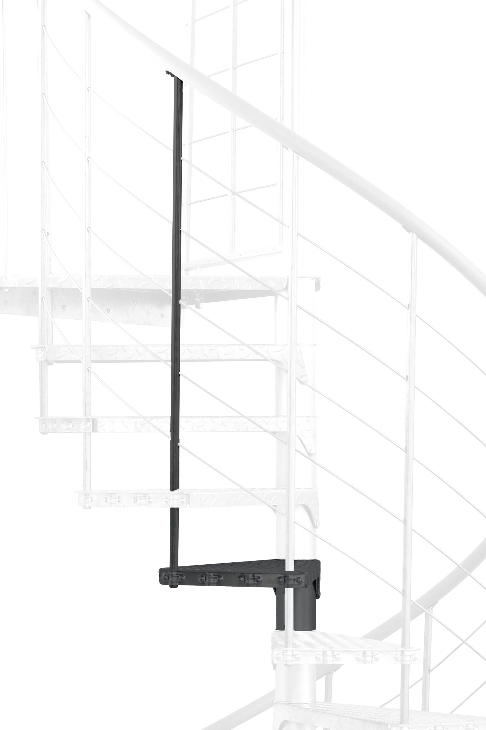Height extension for the Spino Zink Color staircase in anthracite metal. A detail of the additional step, the balusters and the handrail is shown.
