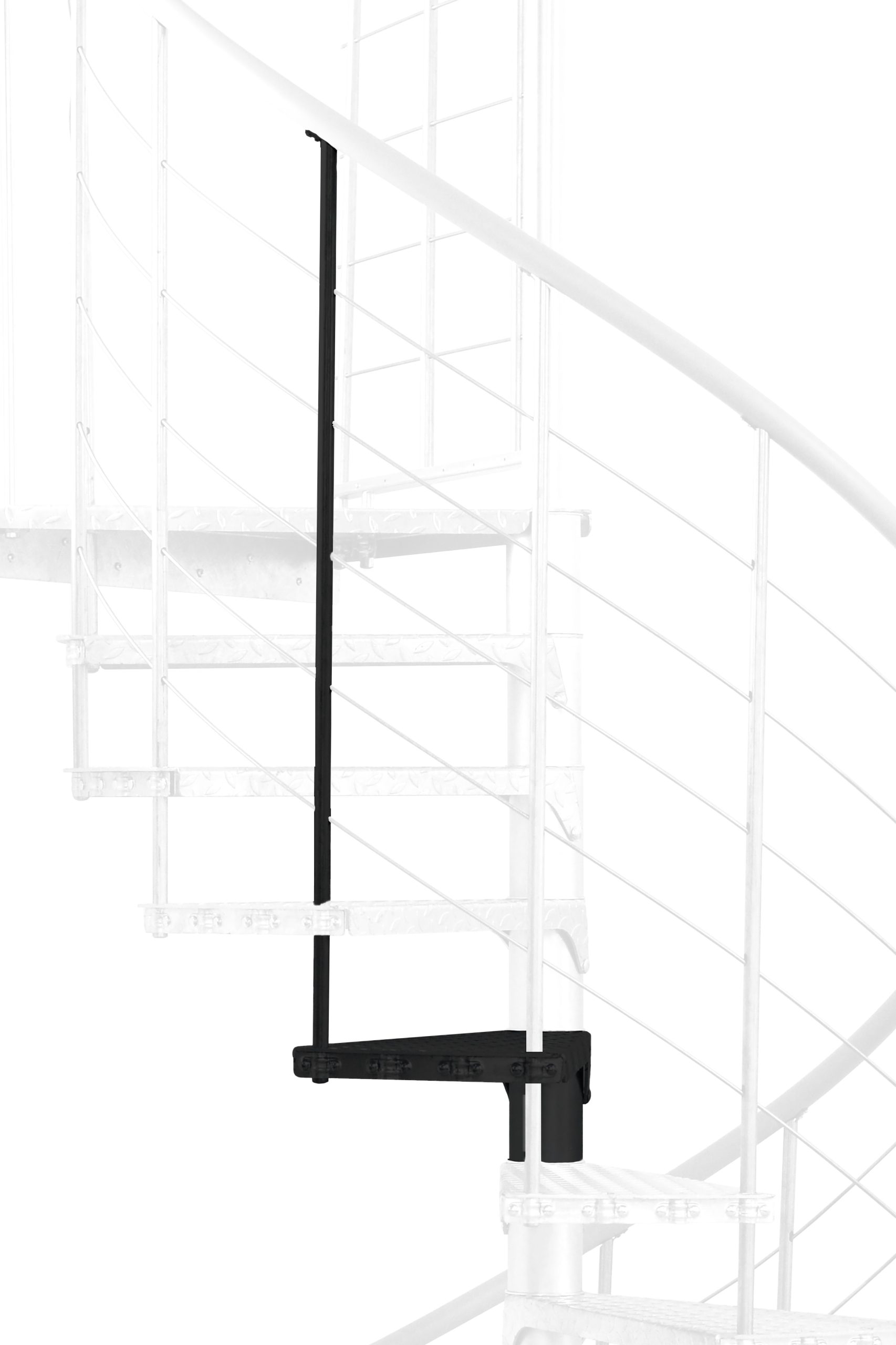 Height extension for the Spino Zink Color staircase in black metal. A detail of the additional step, the balusters and the handrail is shown.