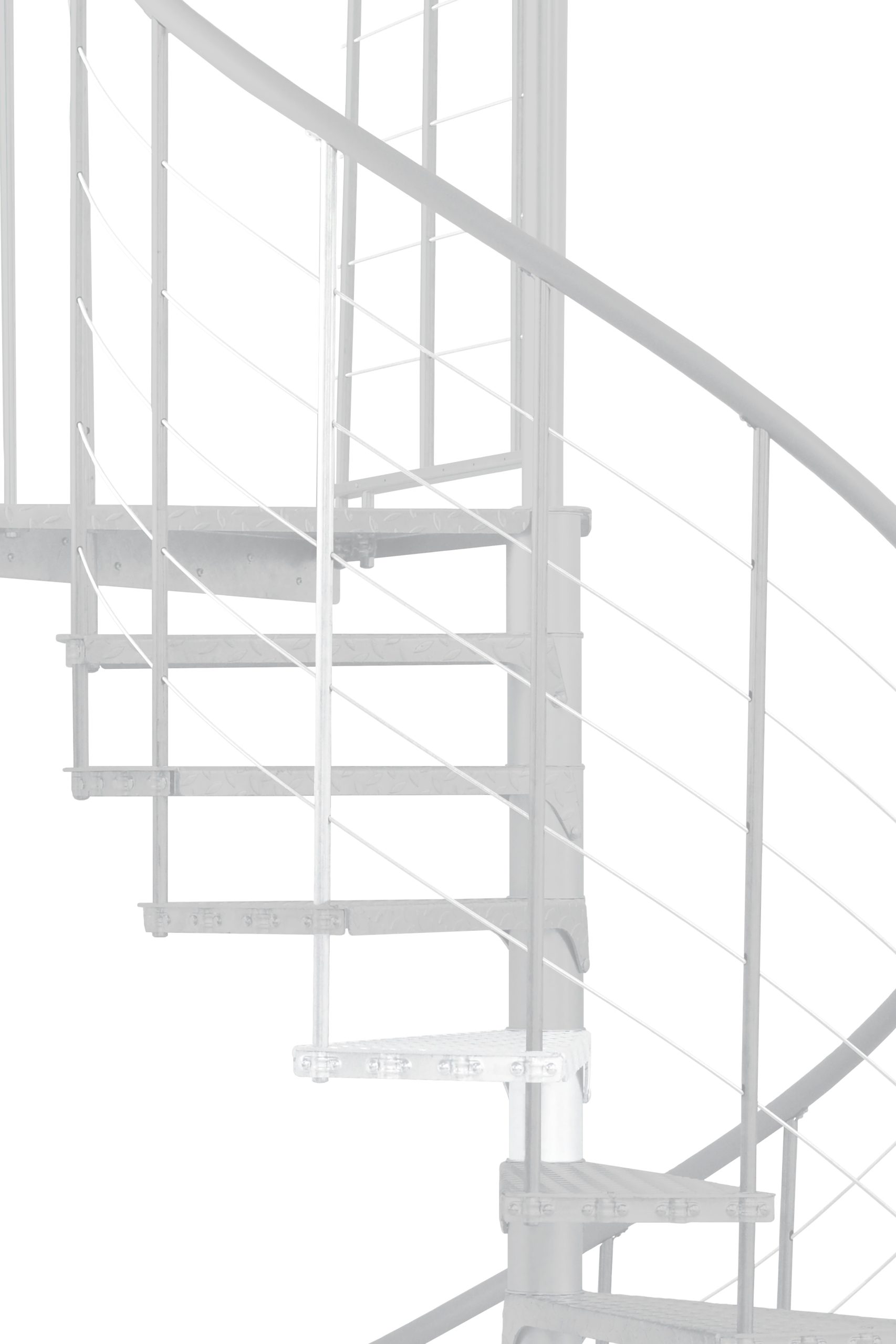 Height extension for the Spino Zink Color staircase in white metal. A detail of the additional step, the balusters and the handrail is shown.