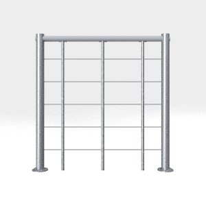 Balustrade for the Spino Zink Smart spiral staircase. Made of galvanized steel with horizontal bars and a white PVC handrail.Balustrade for the Spino Zink Smart spiral staircase. Made of galvanized steel with horizontal bars and a grey PVC handrail.