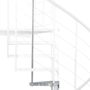Height extension for the Spiral Effect staircase made of galvanized metal. Shown is a detail of the additional step, the railing bars, and the handrail.