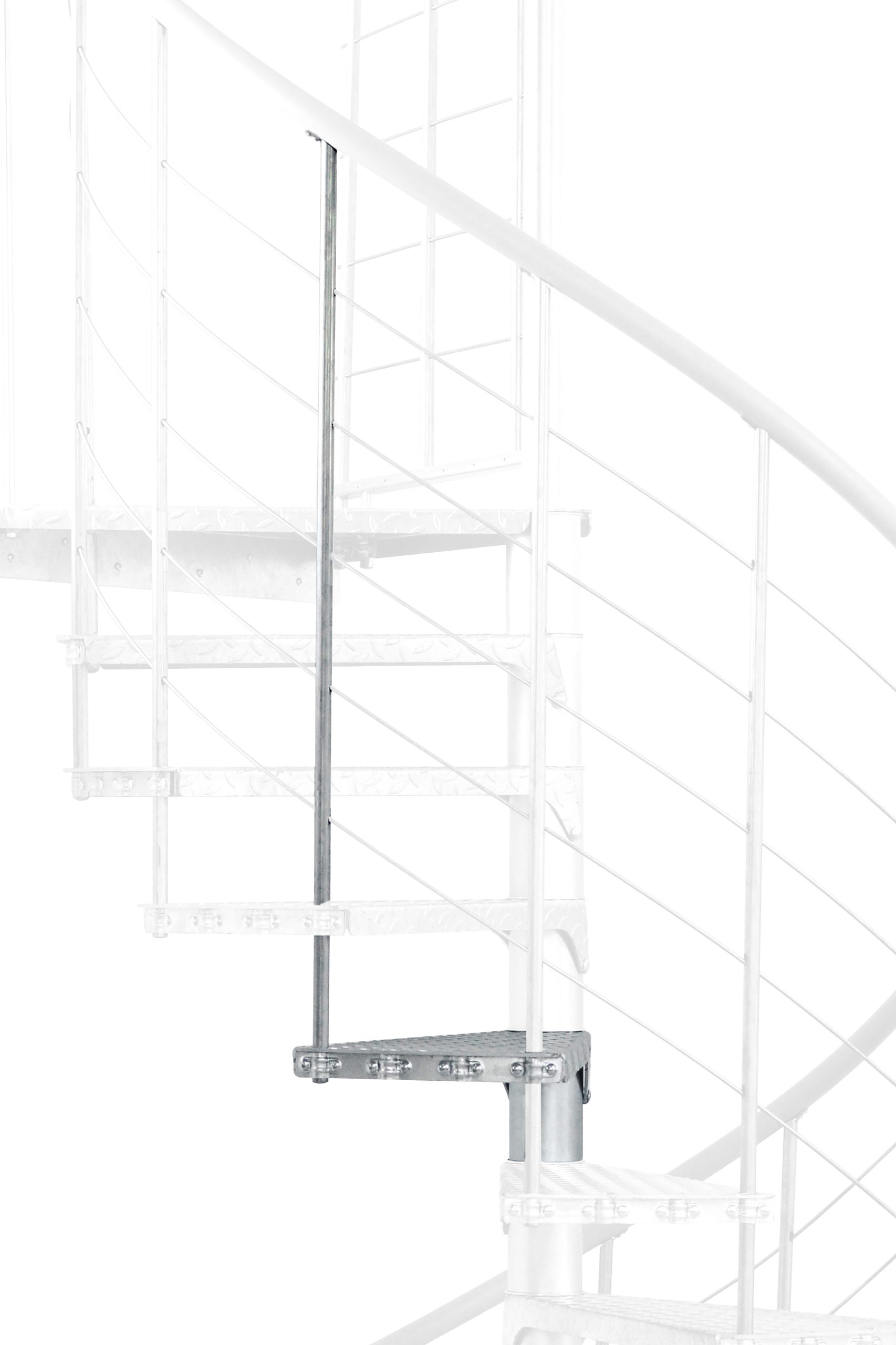 Height extension for the Spiral Effect staircase made of galvanized metal. Shown is a detail of the additional step, the railing bars, and the handrail.