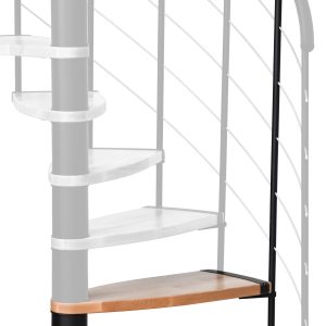 Height extension for the Helios spiral staircase with steps in beech and black metal. A detail of the additional step and the balusters is shown.